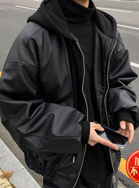 Kusen 美式高街痞帅连帽PU皮夹克男宽松休闲加棉加厚机车皮衣外套