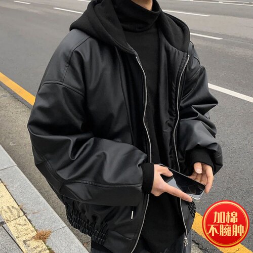 Kusen 美式高街痞帅连帽PU皮夹克男宽松休闲加棉加厚机车皮衣外套