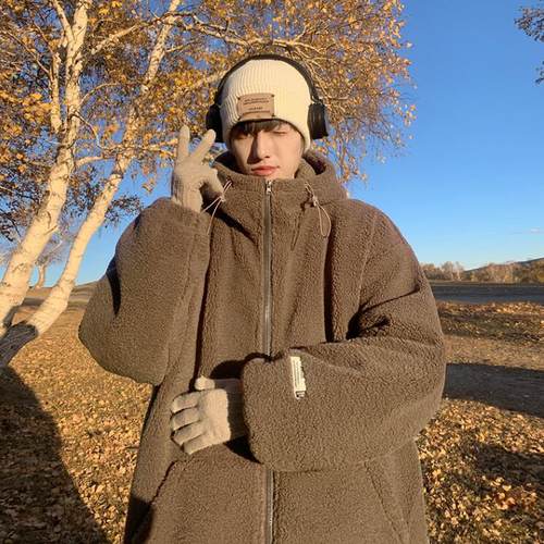 Kusen 美式潮牌连帽棉衣羊羔绒外套男冬季青少年宽松加棉加厚棉服