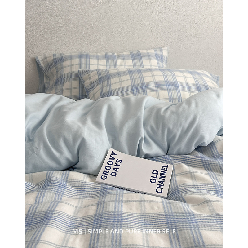 北欧简约格子条纹柔软双层纱床上四件套全棉纯棉床单被套床笠床品