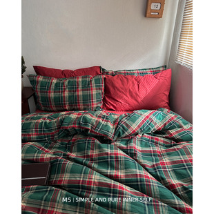 中古风美式复古格子纯棉床上四件套全棉床单被套床笠款床品三件套