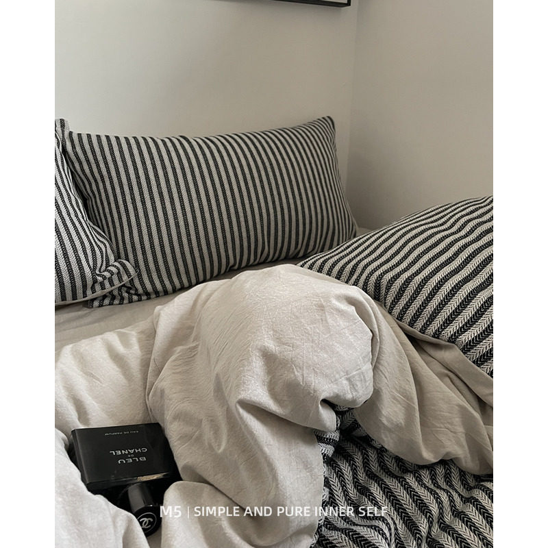 意式轻奢极简黑白灰条纹高端全棉提花四件套纯棉床单被套床笠床品