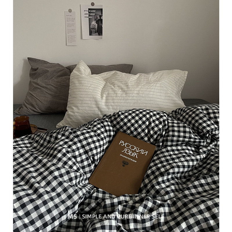 黑白灰极简格子简约纯棉全棉四件套床单被套床笠款床上用品三件套