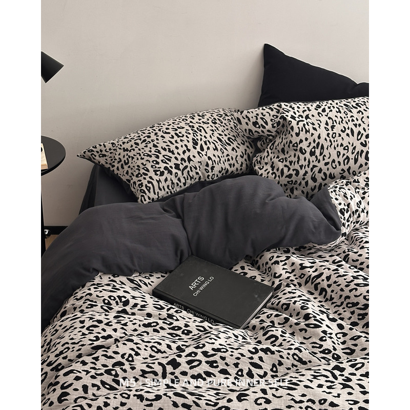 黑白豹纹提花全棉双层纱床上四件套纯棉床单被套双人床品4件套