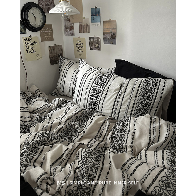 黑白复古风异域波西米亚纯棉全棉提花床上四件套床单被套床笠床品