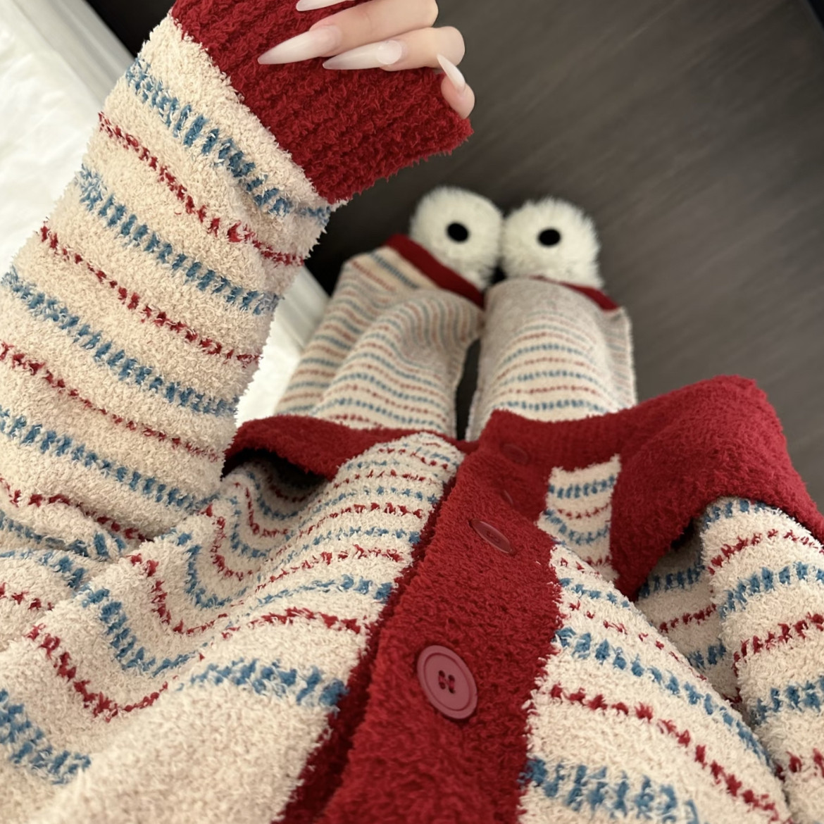 韩系撞色条纹半边绒2025年超火睡衣女款冬季加厚可外穿家居服套装