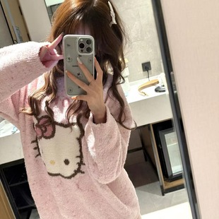 半边绒凯蒂猫hellokitty睡衣女冬季加厚可爱甜美珊瑚绒家居服套装