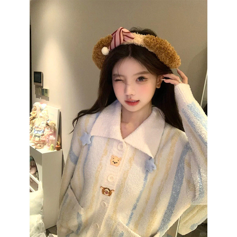 翻领星星珊瑚绒加厚睡衣套装女