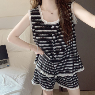条纹无袖睡衣女夏季带胸垫2025新款小个子吊带背心短裤家居服套装