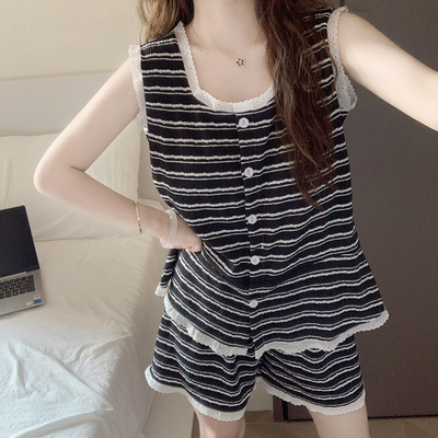 条纹无袖睡衣女夏季带胸垫2025新款小个子吊带背心短裤家居服套装