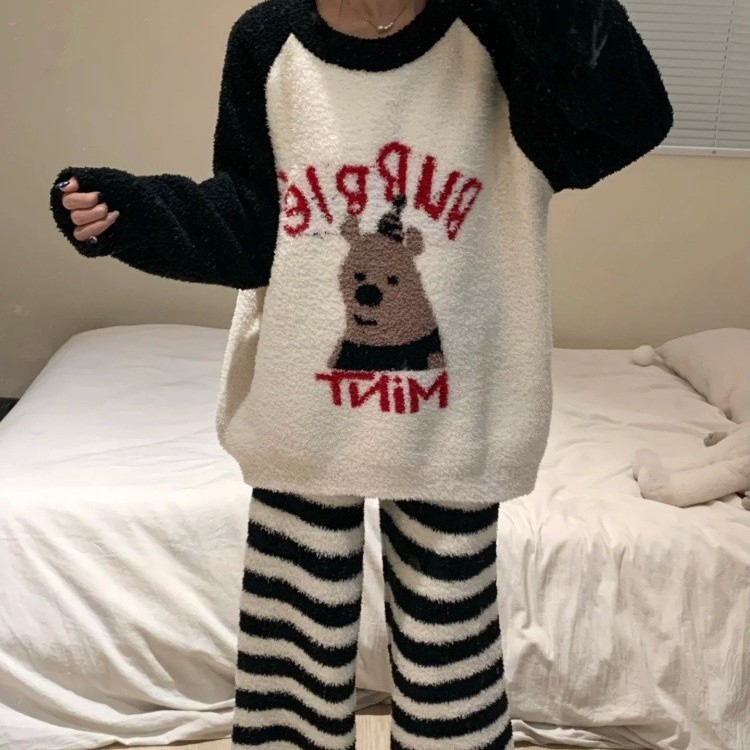 可爱小熊半边绒睡衣女秋冬季加绒加厚条纹长裤2025新款家居服套装