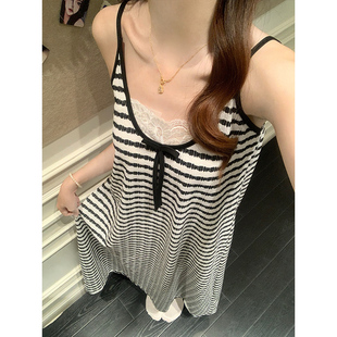 夏季 睡裙女款 针织纯棉吊带网红风条纹怀旧高级性感花边家居服睡衣