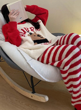 睡衣女冬天半边绒加厚珊瑚绒条纹红色ins新年套装圣诞春秋家居服