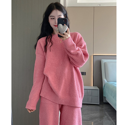 冬季ins甜美纯色宽松珊瑚绒睡衣