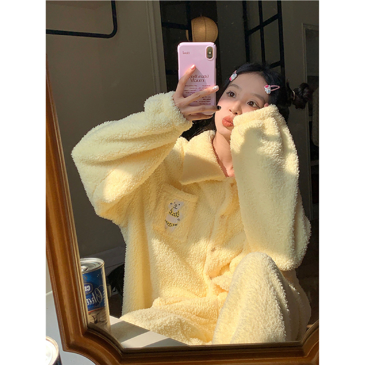 2025新款奶黄软fufu卡通小熊珊瑚绒睡衣女秋冬季加厚半边绒家居服