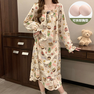 带胸垫睡裙女春秋季2025新款纯棉长袖棉麻纱中长款孕妇睡衣家居服