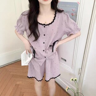 2026新款 夏天家居服套装 云棉韩版 短裤 短袖 紫色波点蕾丝睡衣女夏季