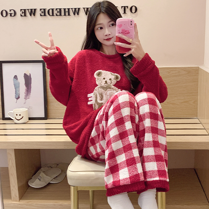 秋冬半边绒加厚小熊女睡衣套装