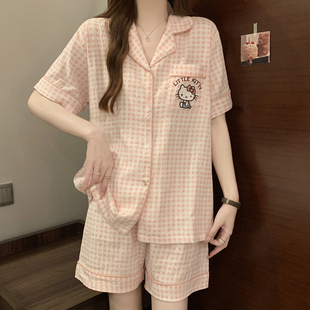 睡衣女夏天短袖 2025年可爱开衫 纯棉可外穿家居服棉麻纱布格子套装