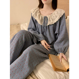 睡衣女春秋季长袖长裤韩版甜美蕾丝圆点云朵棉家居服两件套装薄款
