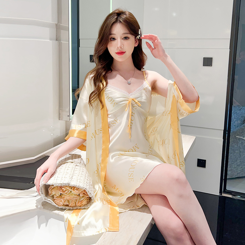 睡衣女夏季韩版吊带冰丝高级感字母睡裙性感两件套春秋睡袍家居服