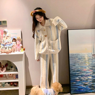 半边绒ins网红风睡衣女秋冬季 小熊维尼条纹珊瑚绒加厚保暖家居服