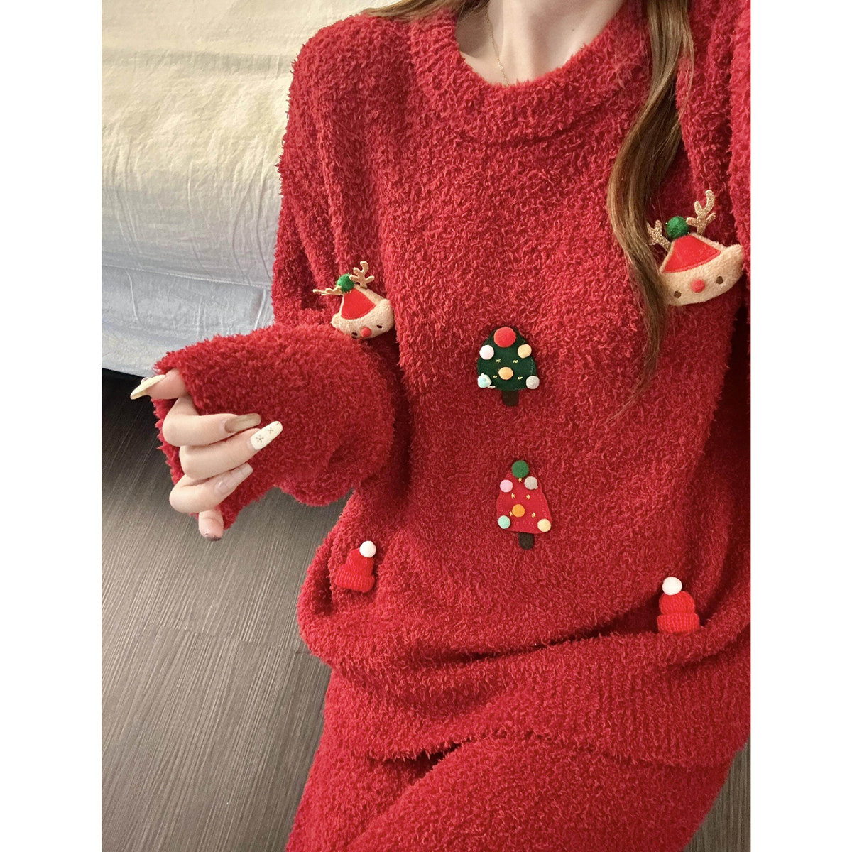 大码冬天半边绒圣诞喜庆新年红保暖睡衣女秋冬季珊瑚绒家居服套装