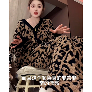 长裤 珊瑚绒高级感长袖 家居服 2025秋冬新款 韩系豹纹半边绒睡衣女款