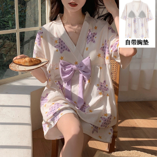 带胸垫bra纯棉星星日式 套装 短袖 睡衣女夏季 桑拿汗蒸和服家居服春