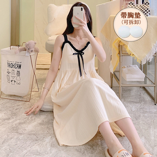 吊带女睡衣公主风夏季 纯棉裙子家居服 薄款 性感甜美睡裙带胸垫长款