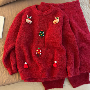 可爱卡通圣诞帽树半边绒不规则睡衣女秋冬季加厚保暖家居服珊瑚绒