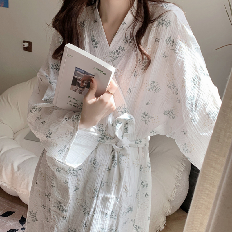 睡袍女夏季和服长袖春秋季云朵棉睡衣浴衣晨袍可爱睡裙碎花家居服