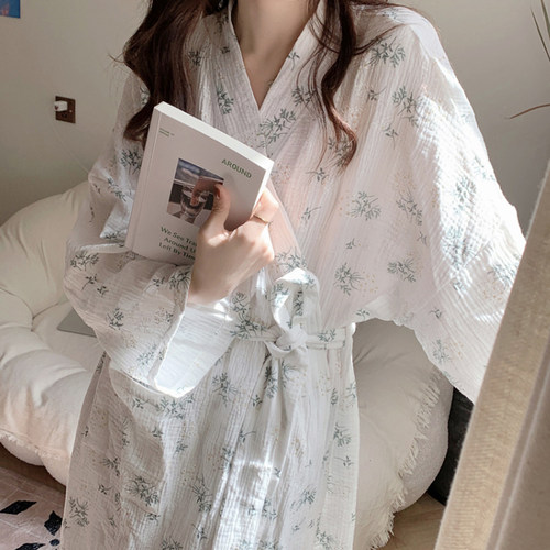 睡袍女夏季和服长袖春秋季云朵棉睡衣浴衣晨袍可爱睡裙碎花家居服