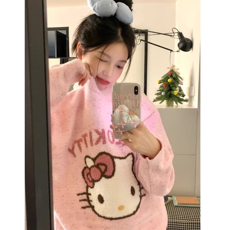 凯蒂猫秋冬珊瑚绒保暖睡衣女套装