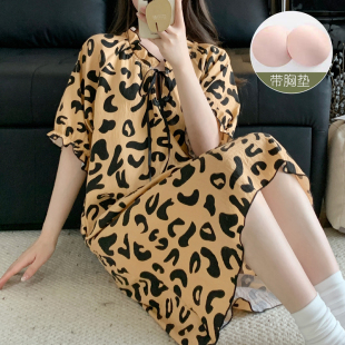 睡裙女夏季带胸垫2026新款纯棉短袖豹纹麻棉纱布中长款睡衣家居服