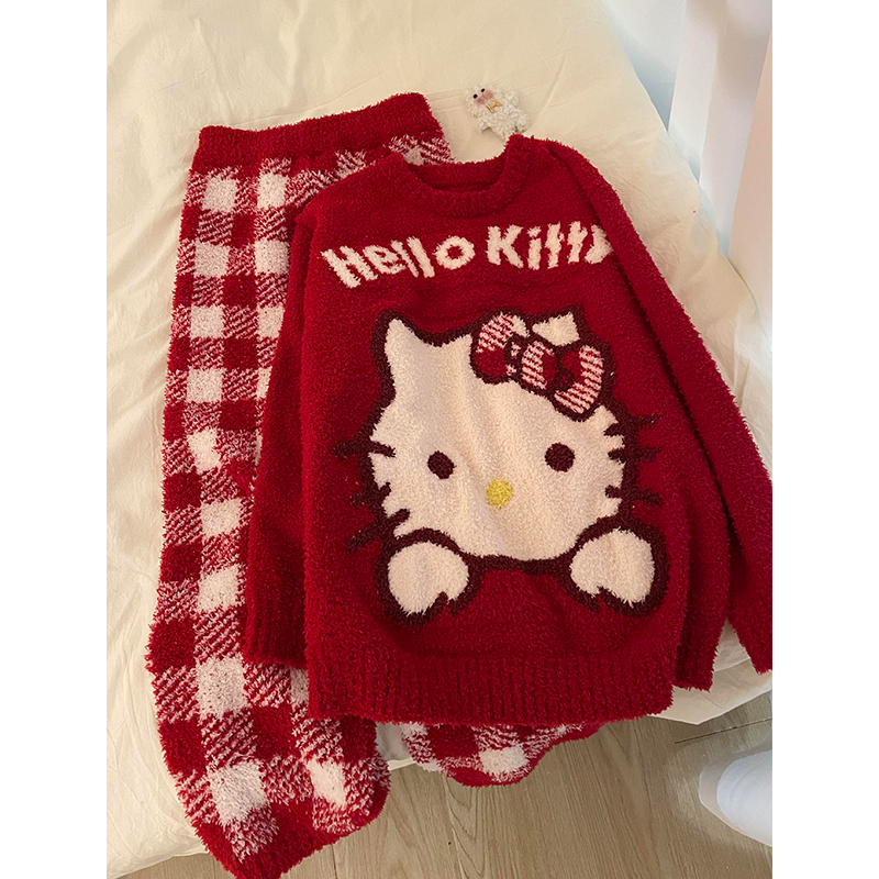 半边绒睡衣女秋冬季可爱KT猫新年红加厚保暖针织珊瑚绒家居服套装