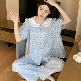短袖 韩版 睡衣女夏季 长裤 甜美娃娃领格子学生风薄款 纯棉家居服套装