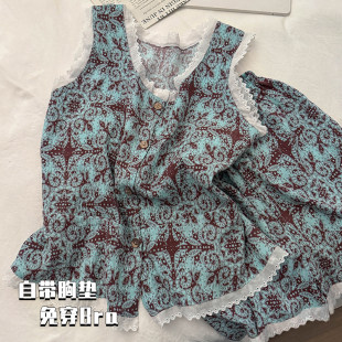 文艺风图腾花边睡衣女吊带胸垫居家服夏日少女度假风背心短裤 套装