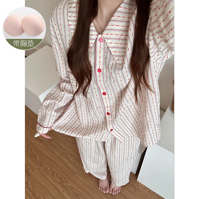 韩系彩色条纹长袖睡衣女款春秋季带胸垫云朵棉甜美休闲大码家居服