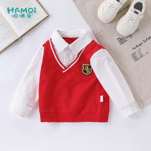 男童卫衣春秋装新款小儿童学院帅气衬衫领上衣宝宝假两件长袖童装