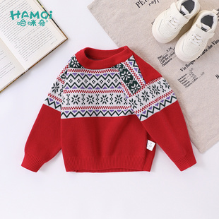 男童套头毛衣秋装新款小儿童毛衫洋气红色格纹纯棉针织衫宝宝上衣