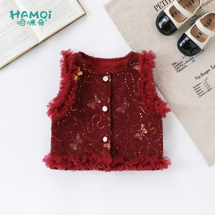 女童马甲春秋装小儿童红色新年小香风坎肩外套宝宝外穿背心衣服潮