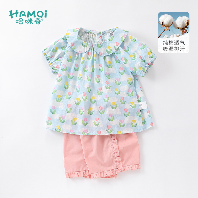 女童夏季短袖套装2024新款儿童纯棉碎花两件套宝宝中小童洋气衣服