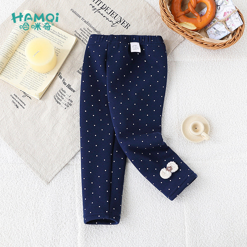 女童打底裤秋冬季加绒波点长裤女宝宝小儿童新款外穿裤子衣服初冬