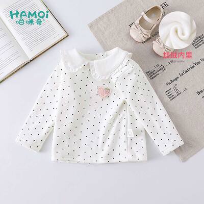 女童加绒打底衫秋冬装甜美波点娃娃领上衣小儿童宝宝长袖T恤新款