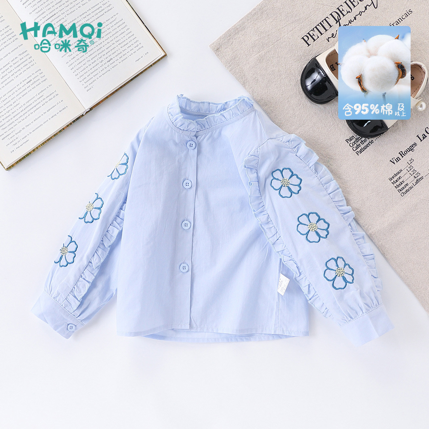 女童长袖衬衫春秋装泡泡袖绣花纯棉衬衣宝宝打底衫小儿童洋气上衣