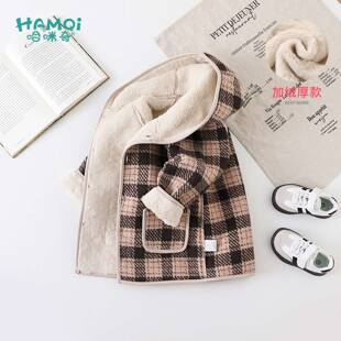 男童加绒外套冬季儿童中长款休闲格子夹克连帽衫小童新款宝宝童装