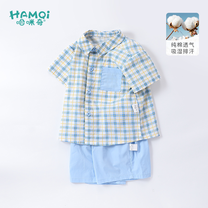 男童短袖套装夏季新款儿童纯棉格子衬衫两件套小童宝宝休闲衣服潮