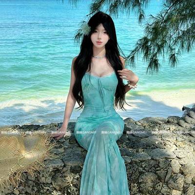 法式浅绿色印花网纱吊带连衣裙女夏海边度假纯欲性感鱼尾包臀长裙