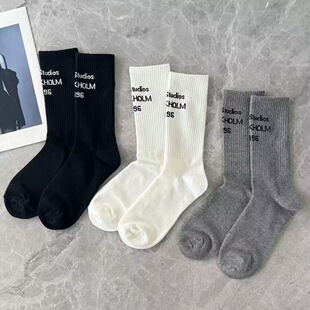 欧货高品质橡筋罗口前侧小字母黑白灰简约休闲穿搭ins网红运动袜
